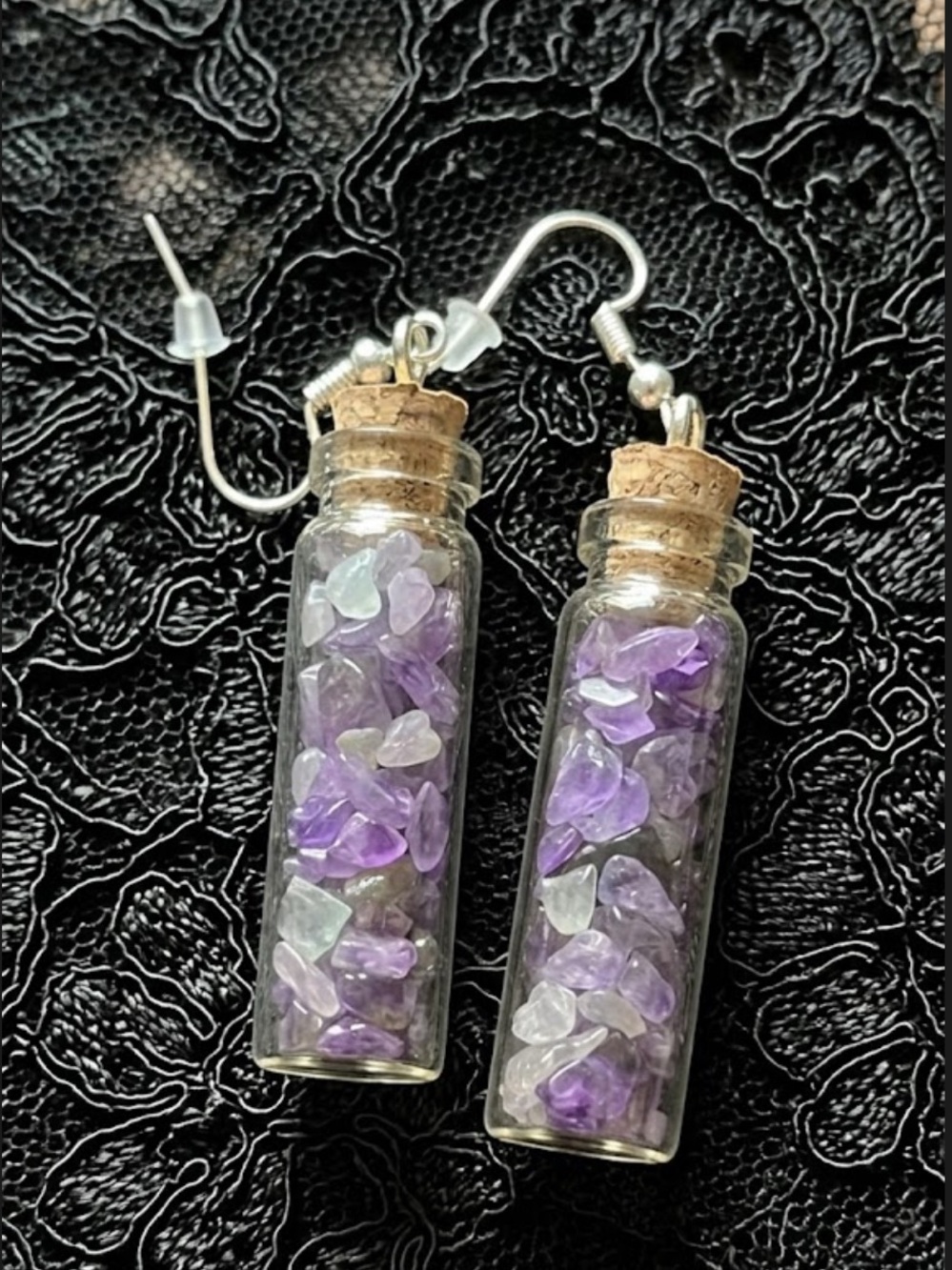 Handmade Amethyst Crystal Chip Glass Spell Jar Earrings - Picture 2 of 3